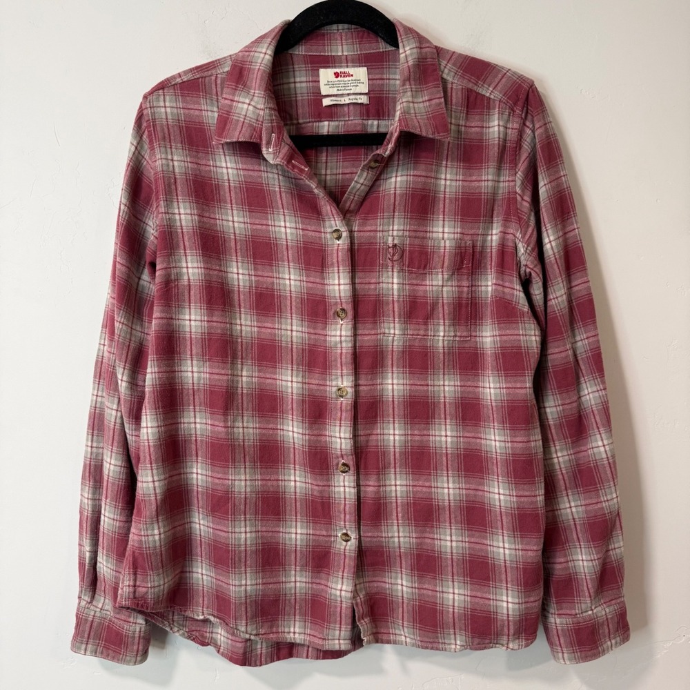 Fjallraven Women Ovik Flannel Shirt Large Pink Gray Plaid Button Down Cotton